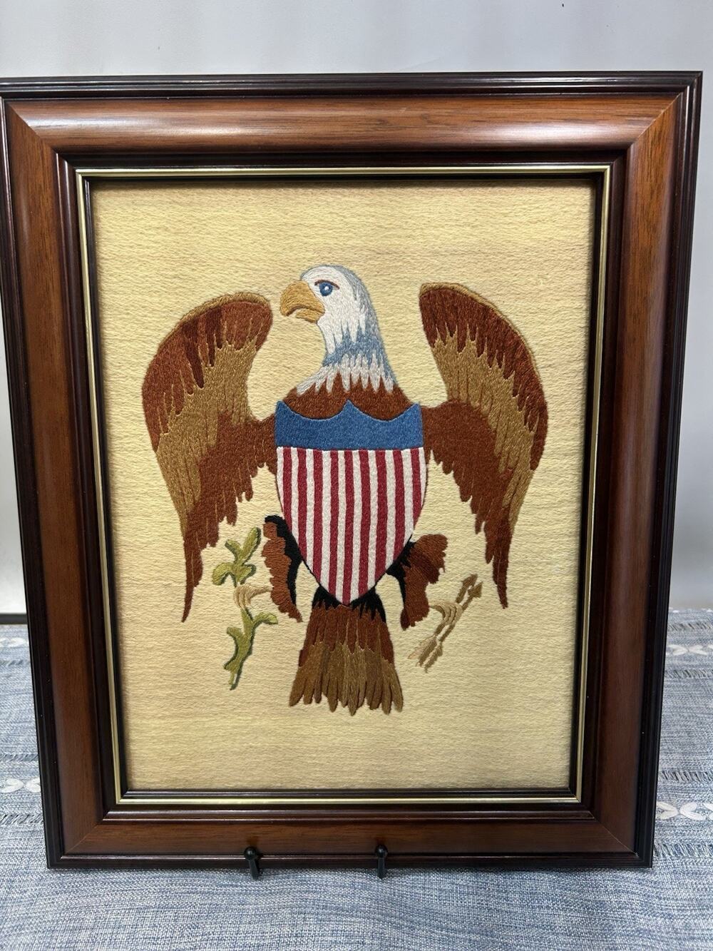 Vintage American Eagle Embroidery Needlework Framed Patriotic Americana Folk Art